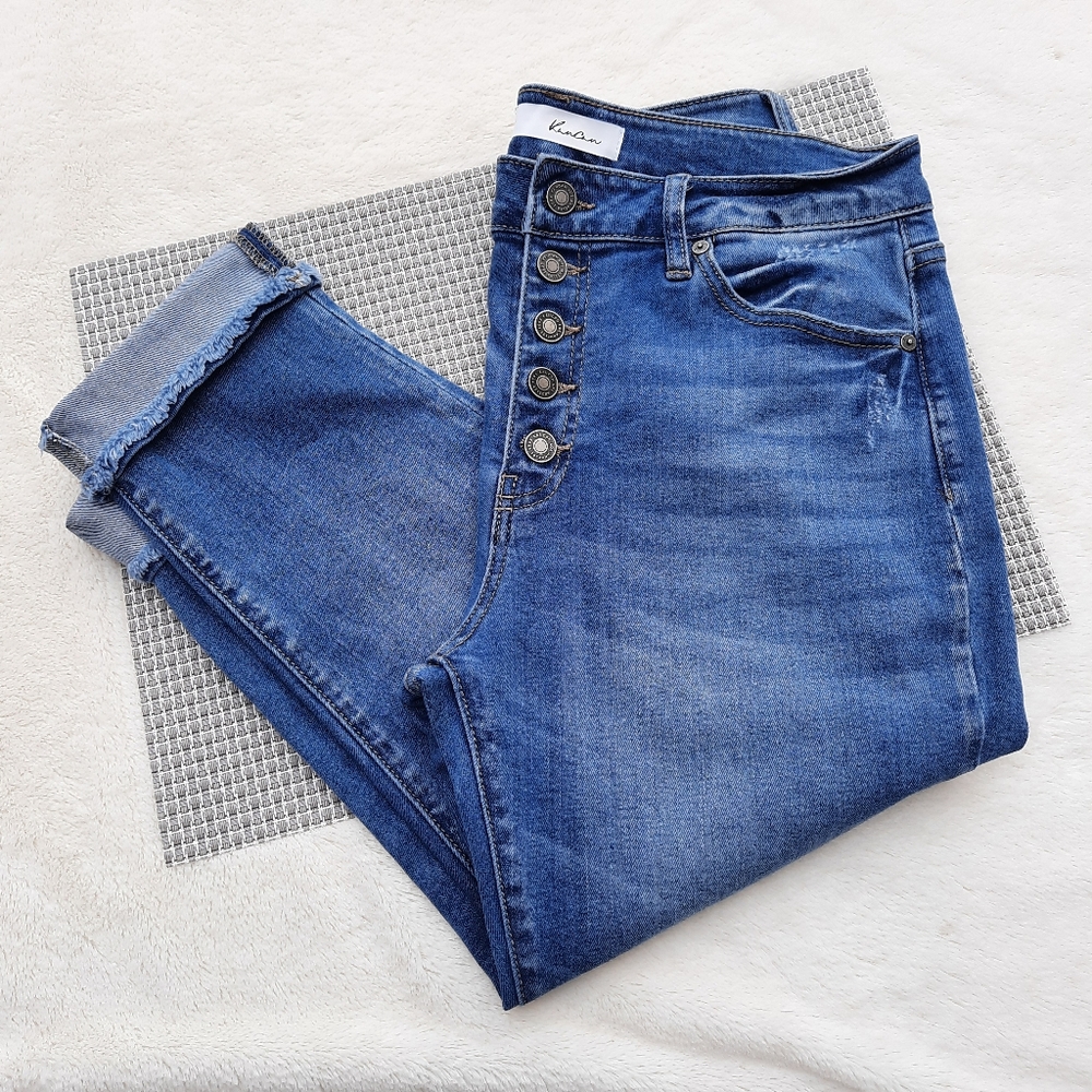 KanCan High Rise Exposed Button Fly Raw Hem Crop Jeans 31 Blue Denim